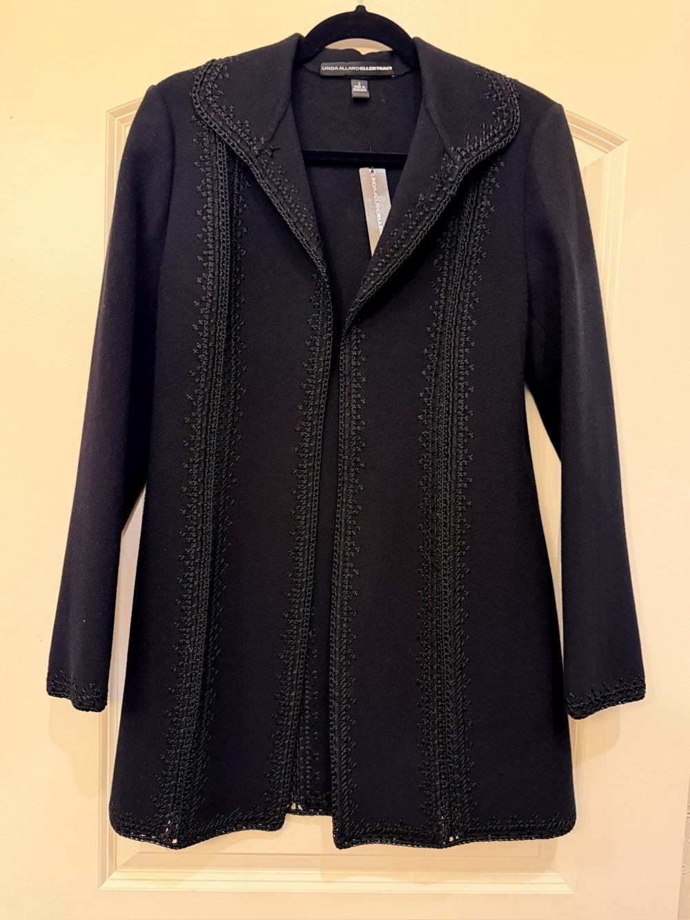 Linda Allard Ellen Tracy Black Wool Open Embroidered Coat Jacket Size 2 NWT